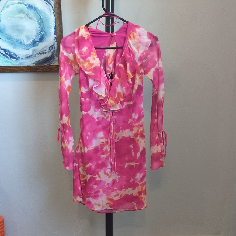 12th Tribe Sydney Hot Pink Long Sleeve Ruffle Dress Sz S